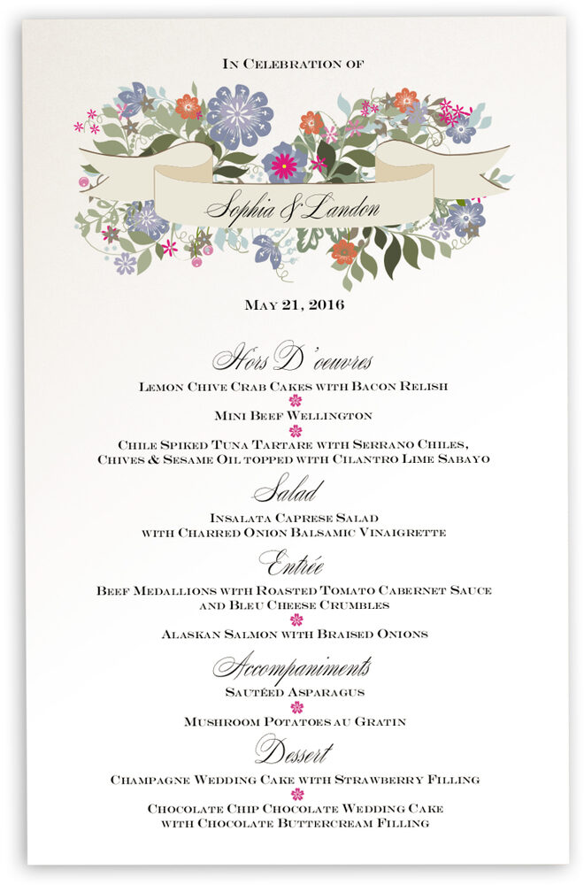 Garden Flurry Banner Contemporary Flower Wedding Menu Cards Documents